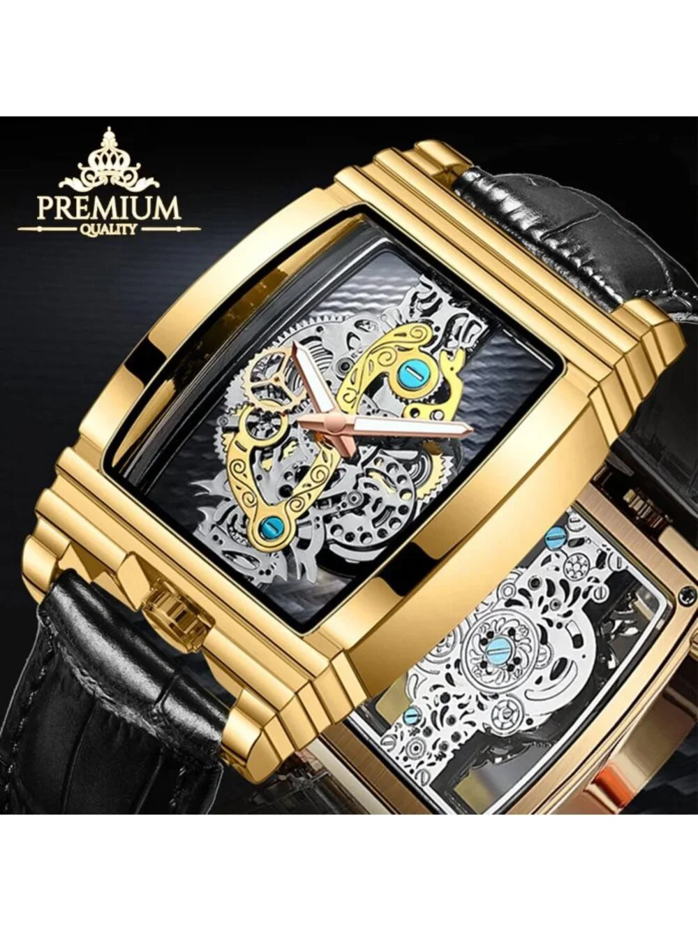 Luxury Hollow Skeleton Watch - Retro Gear Design, Large Dial, Leather & Steel